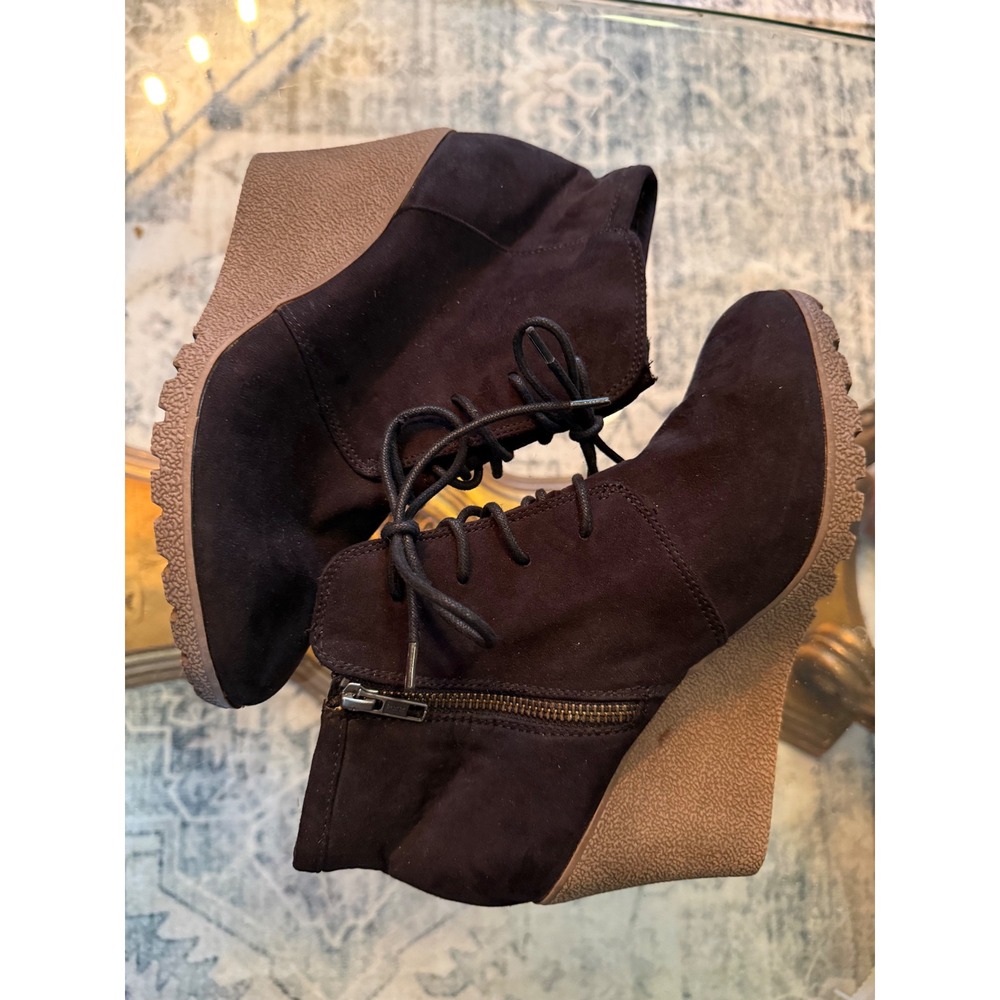MIA Girl Black Faux Suede Lace Up Wedge Ankle Booties Side Zip Size 8.5